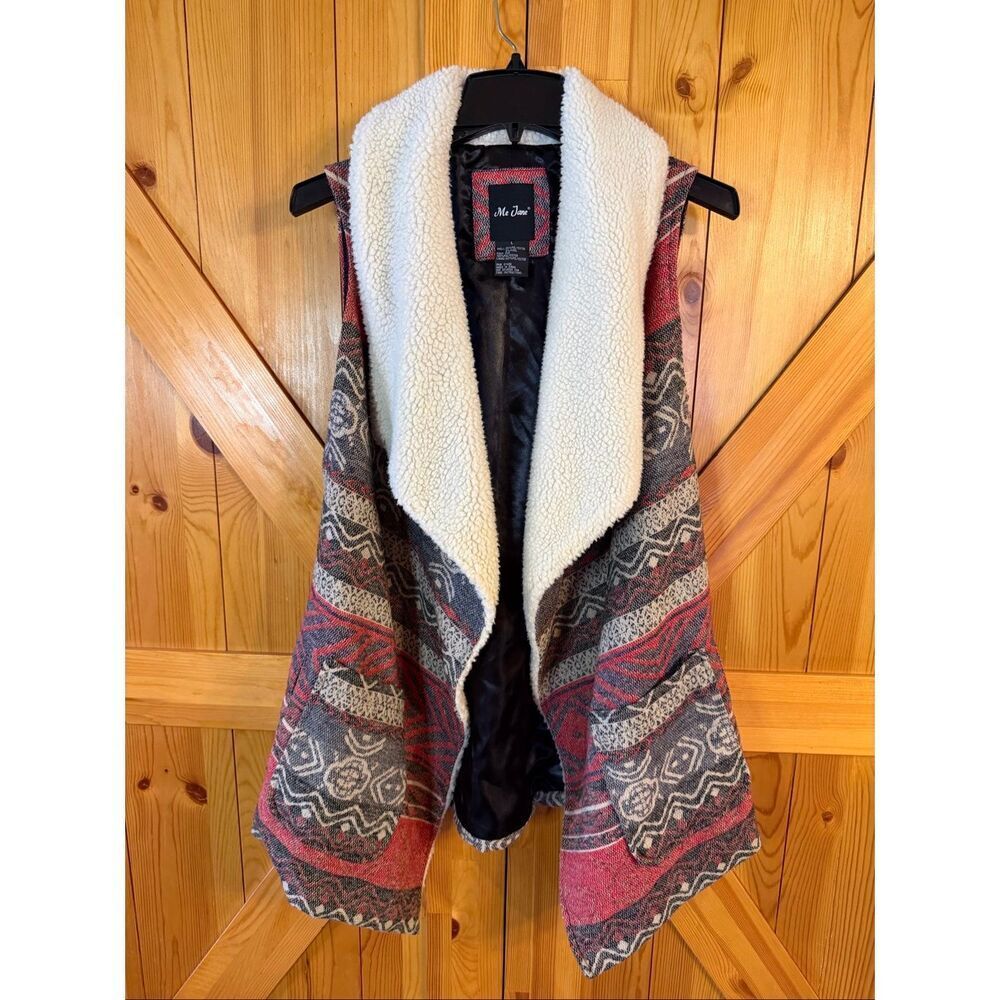 Me Jane Southwestern Print Wool Blend Sherpa Trim Lined Vest Size Large (6463)